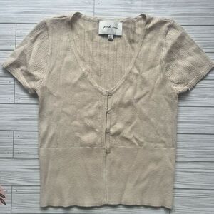 Pink Rose Beige Button-Up Women's Top, fitted top, Neutral, minimalist